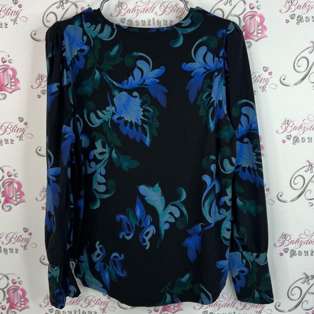 Chico's blouse long sleeve sequins sparkly shimmer Black and Blue Floral Blouse - Picture 2 of 9